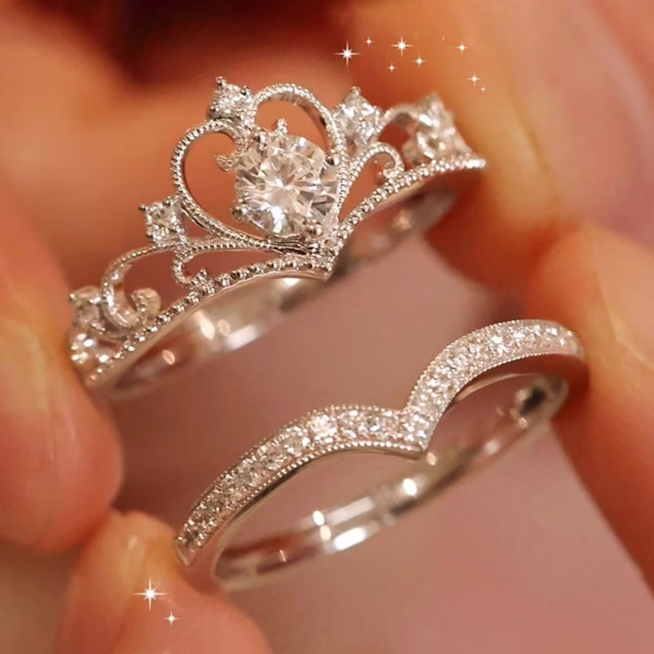 Crown Design Adjustable Couple Ring Set | Elegant Crystal Stone Queen Ring Set